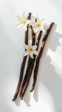 Vanilla flowers with vanilla sticks, copy space, aesthetic white background. Bakery spices. Generative AI.の素材