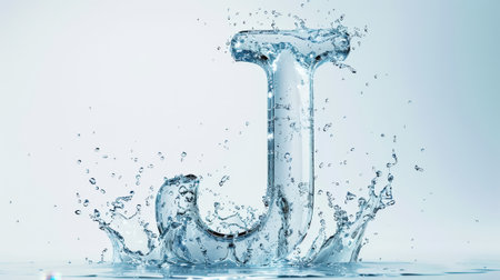 Capital letter J made of blue water splashes or ice on light background. Scrapbook activity. Generative AI.の素材