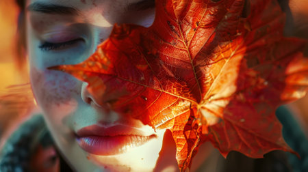 Close-up of beautiful woman's face, half of face is closed by red maple leaf, autumn vibrant colors. Generative AI.の素材