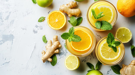 Aesthetic homemade hot immunity boosting drink with ginger, citrus and mint leaves. Organic detox concept. Generative AI.の素材