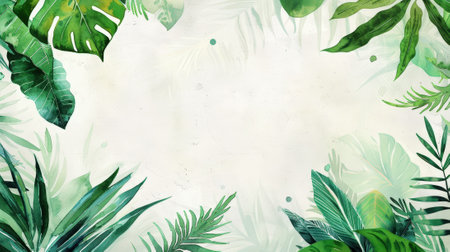 Aesthetic watercolor frame with green tropical leaves, copy space, light background, foliage template. Generative AI.の素材