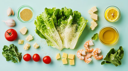 Top view of caesar salad ingredients: green lettuce, cheese, croutons, peeled shrimp, tomatoes and garlic. Generative AI.の素材