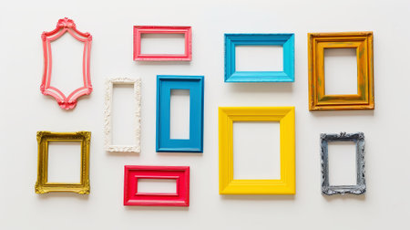 Aesthetic set of empty vintage picture frames of different shapes, bright colors, layout, white backdrop. Generative AI.の素材