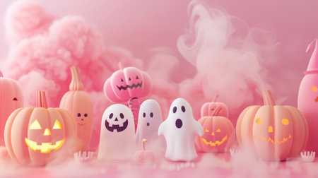 Halloween 3D figures of pink pumpkins, ghosts, skeletons, pink background with smoke. Invitation mockup. Generative AI.の素材
