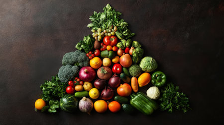 Variety of vegetables and fruits in triangle shape like a Christmas tree, black background, copy space. Generative AI.の素材