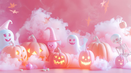 Halloween 3D figures of pink pumpkins, ghosts, skeletons, pink background with smoke. Invitation mockup. Generative AI.の素材