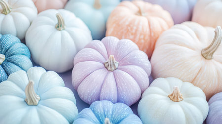 Aesthetic mix of pastel blue, pink and purple pumpkins, top view. Greeting mockup, wallpaper, copy space. Generative AI.の素材