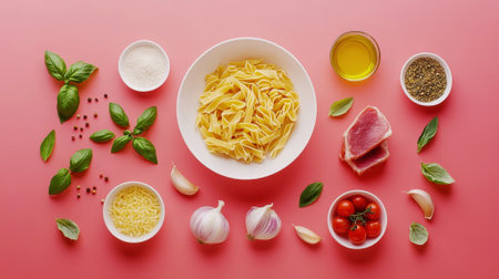 Top view of pasta bolognese ingredients: basil leaves, onion, cheese, fresh meat, olive oil, tomatoes and garlic. Generative AI.の素材