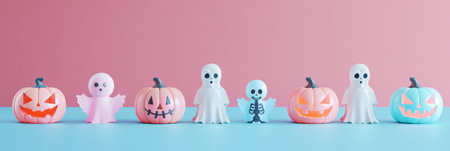 Cute Halloween 3D figures of pumpkins, ghosts, skeletons, pink and blue background. Invitation mockup. Generative AI.の素材