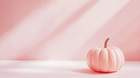 Elegant pastel pink pumpkin in the corner on clean light background. Invitation mockup, copy space. Generative AI.の素材