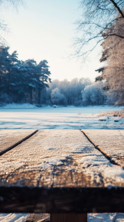 Aesthetics of winter lake surrounded by snowy trees, wooden table for product placement. Generative AI.の素材