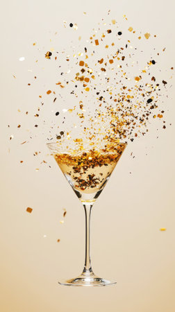 Gold glittering confetti exploding from champagne glass on light background, copy space, party invitation. Generative AI.の素材