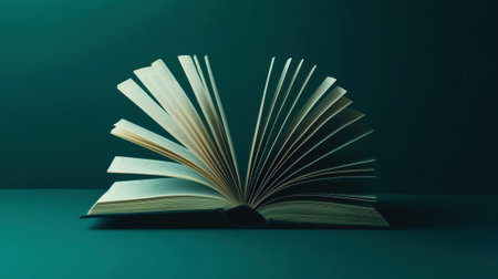 Aesthetic open book with flipping pages, on dark green background, minimalist. Reading concept. Generative AI.の素材