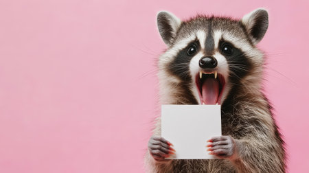 Cute surprised racoon holds an Invitation empty white card, party concept. Copy space. Generative AI.の素材