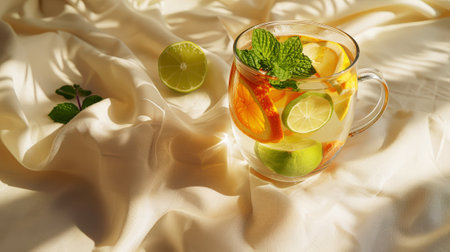 Aesthetic homemade hot immunity boosting drink with ginger, citrus and mint leaves. Organic detox concept. Generative AI.の素材