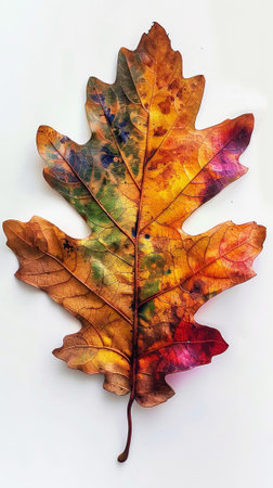 Aesthetic oak leaf with vibrant autumn colors, copy space, white background, presentation template. Generative AI.の素材