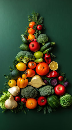 Variety of vegetables and fruits in triangle shape like a Christmas tree, green background, copy space. Generative AI.の素材