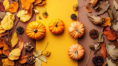 Autumn thanksgiving card with pumpkins, dry flowers and leaves. Split warm brown and gold background. Generative AI.の素材