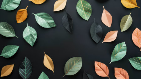 Aesthetic black background with pastel colored paper autumn leaves. Copy space. Autumn inspiration. Generative AI.の素材