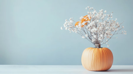 Aesthetic vase made of pumpkin with boho flowers, clean light background, invitation template. Generative AI.の素材