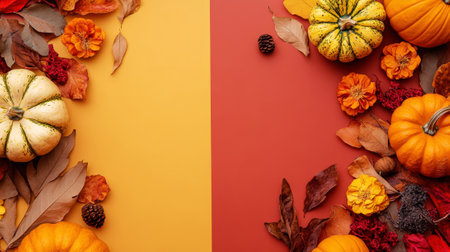 Autumn thanksgiving card with pumpkins, dry flowers and leaves. Split warm brown and gold background. Generative AI.の素材