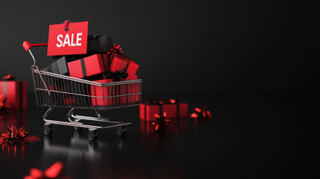 Trendy banner with shopping cart with gift boxes, black and red colors, copy space. Black friday sale. Generative AI.の素材