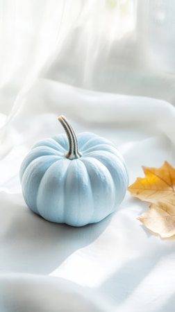 Elegant white pumpkin in the corner on clean light background. Invitation mockup, copy space. Generative AI.の素材