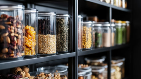 Aesthetic kitchen pantry with transparent jars for storing food. The organization and storage concept. Generative AI.の素材