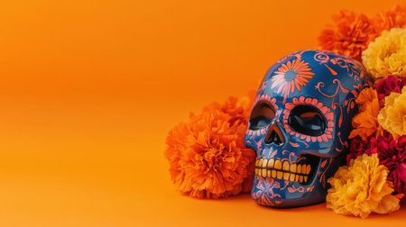 Template for Dia de Los Muertos (Day of the dead), calavera, flowers, orange backdrop, copy space. Generative AI.の素材