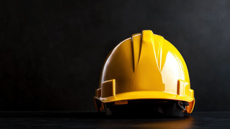 Yellow construction helmet. Black background. Copy space. Technical mockup. Generative AI.の素材