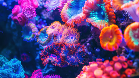 Aesthetic oceanic colorful fluorescent coral reef on blue background. Copy space. Aquarium hobby. Generative AI.の素材