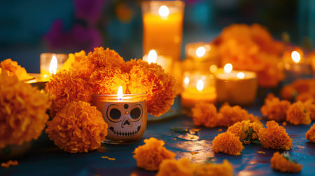 Traditional day of the dead decorations with candles, flowers, altar, skull. Dia de los muertos. Generative AI.の素材
