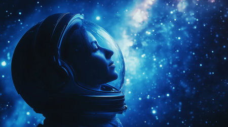 Astronaut in helmet floating in space, side view, open space, milky way, stars and planets background. Generative AI.の素材