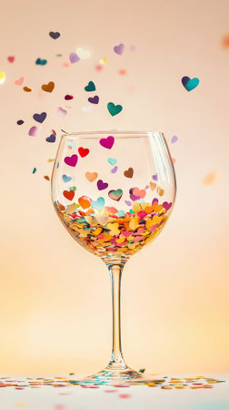 Confetti hearts exploding from champagne glass on light background, copy space, party invitation. Generative AI.の素材