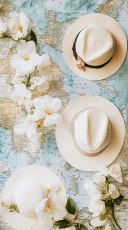 Aesthetic travel themed wedding invitation, map, hats, white boho flowers, figure of a plane. Generative AI.の素材
