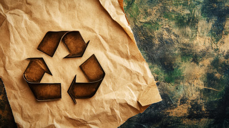 Recycling symbol on recycled crumpled paper background. Ecology concept. Generative AI.の素材