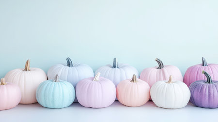 Aesthetic mix of pastel blue, pink and purple pumpkins, top view. Greeting mockup, wallpaper, copy space. Generative AI.の素材