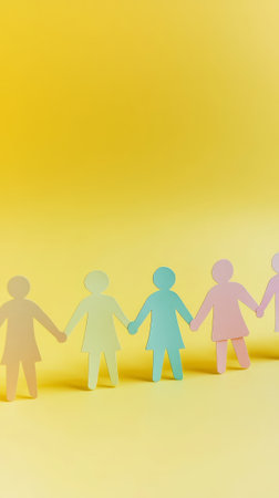 Teamwork and helping concept with paper chain cutout people holding hands on pastel yellow background. Generative AI.の素材