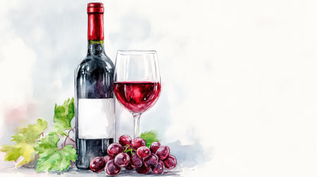 Watercolor image of wine bottle and 2 glasses with grapes, light background. Copy space. Winery invitation. Generative AI.の素材