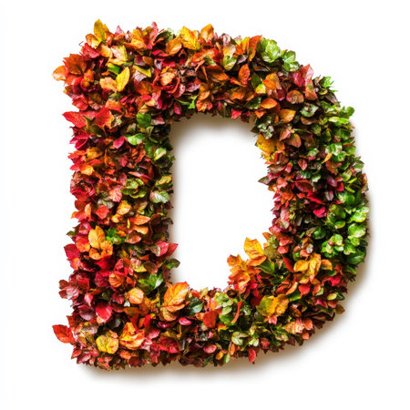 Alphabet letter D made of fall leaves, flowers. berries. Vibrant autumn colours. White clean background. Generative AI.の素材