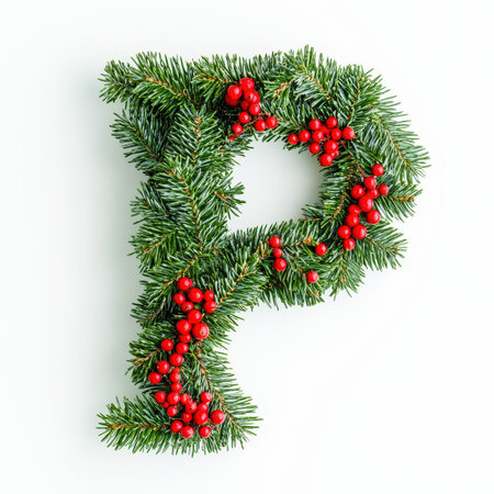 Christmas alphabet letter P made of fresh green fluffy branches and red berries. Clean background. Generative AI.の素材