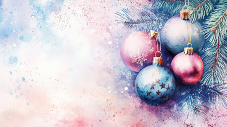 Aesthetic Christmas retro card with pine brunch, watercolor hand-painted in pastel colors. Copy space. Generative AI.の素材