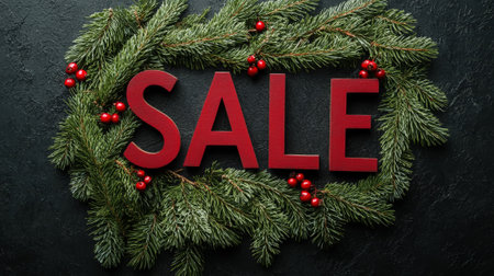 Christmas sale template with fluffy fir branches with red berries, black background. Generative AI.の素材