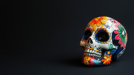 Aesthetic banner for Dia de Los Muertos with traditional calavera skull, black background, copy space. Generative AI.の素材