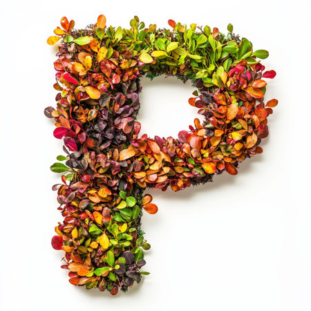 Alphabet letter P made of fall leaves, flowers. berries. Vibrant autumn colours. White clean background. Generative AI.の素材