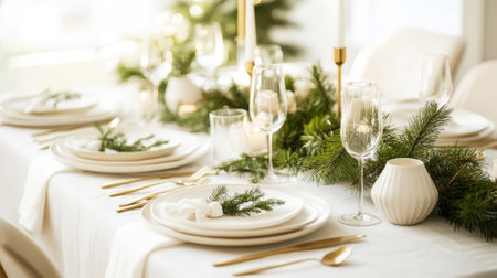 Festive elegant table, aesthetically served in white with pine branches. Traditional family dinner. Generative AI.の素材