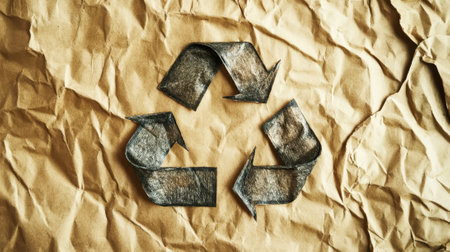 Recycling symbol on recycled crumpled paper background. Ecology concept. Generative AI.の素材