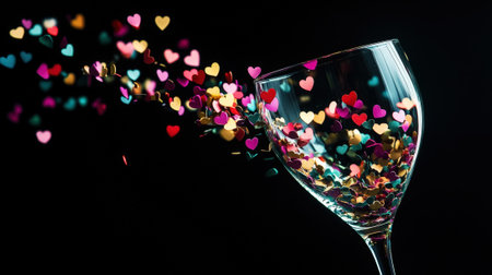 Confetti hearts exploding from champagne glass on black background, copy space, party invitation. Generative AI.の素材