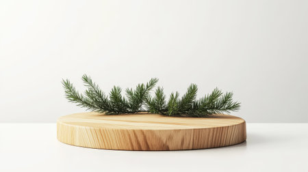 Aesthetic wooden podium for product display with fir tree branches, minimalist, white background. Generative AI.の素材