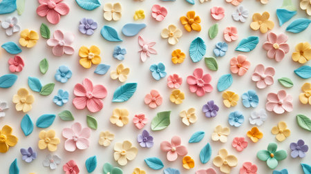 Floral pattern featuring delicate flowers made of polymer clay in pastel colors. Light background. Generative AI.の素材